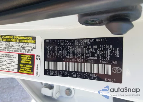 2019 Toyota Camry Hybrid Xle z USA, uszkodzony, nr VIN 4T1B21HK7KU519262